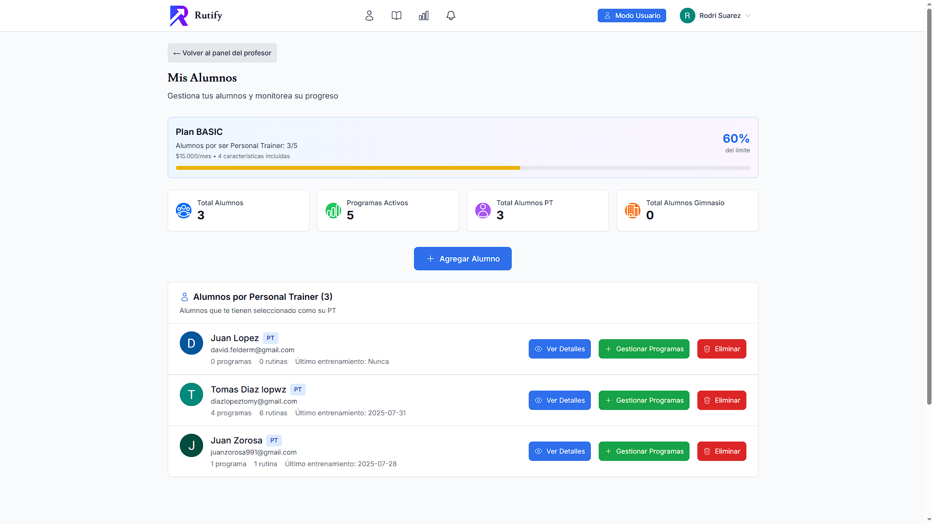 Panel de Personal Trainer - Rutify Desktop