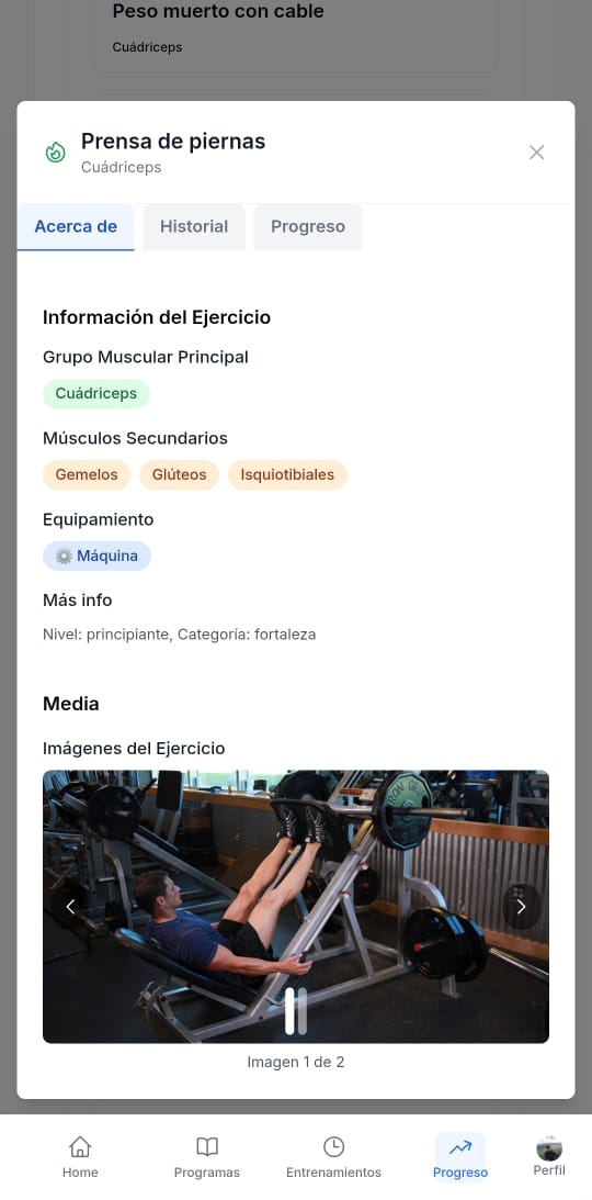 Modal ejercicio - App Móvil
